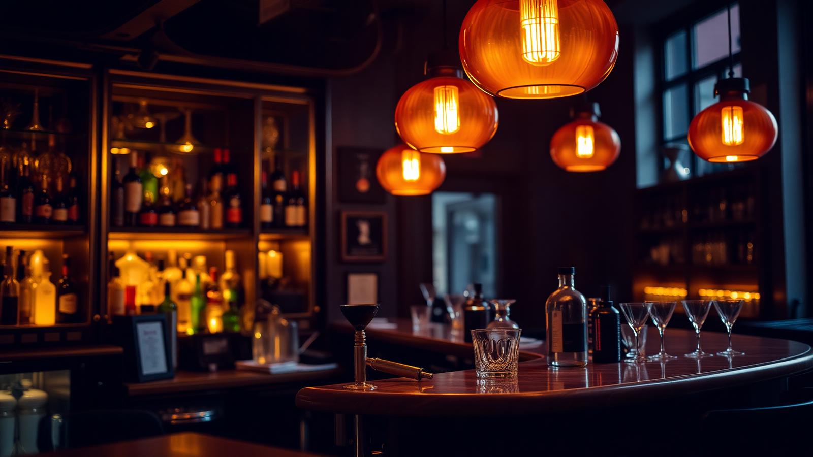 Polished bar counter with cut-glass tumbler, martini glasses and backlit bottles beneath warm amber pendant lights in an independent bistro bar