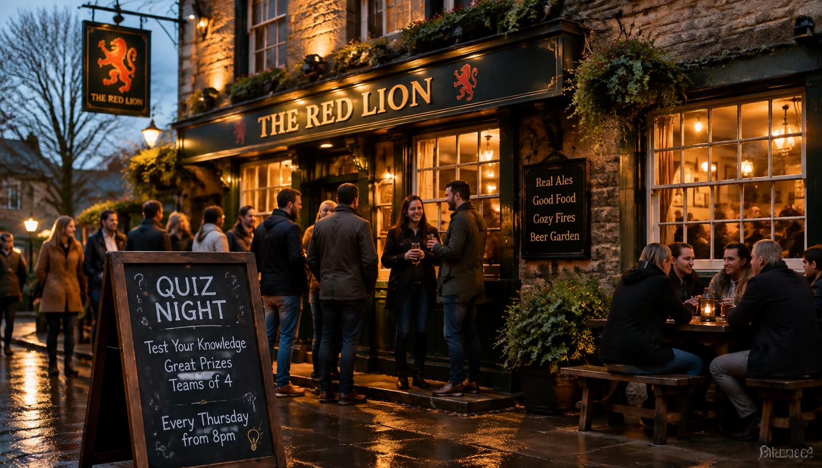 Busy British village pub at dusk with a chalkboard advertising quiz night and guests outside Busy British village pub at dusk with a chalkboard advertising quiz night and guests outside