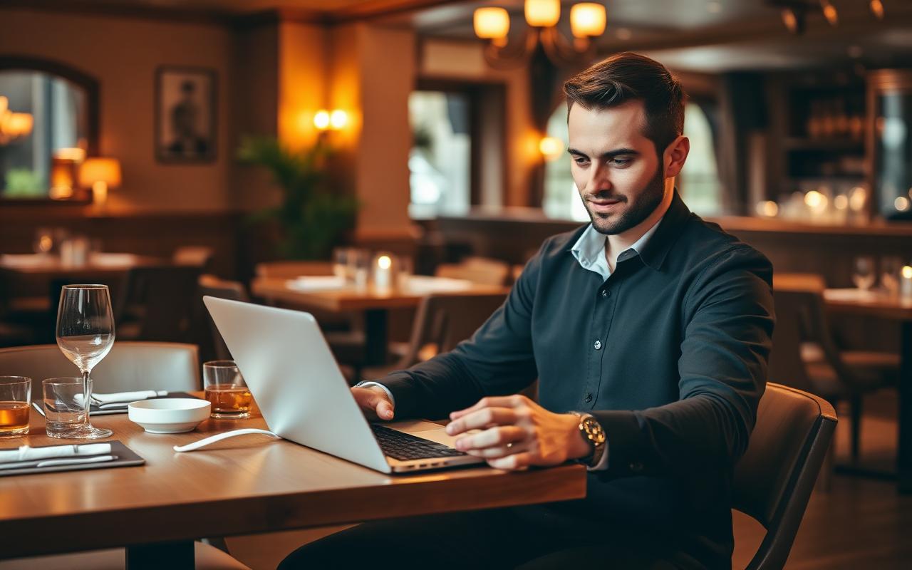 Restaurant manager reviewing an email newsletter on a laptop in a warmly lit dining room