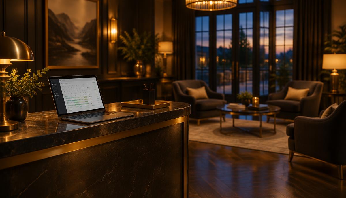 A warmly lit boutique hotel reception at dusk with a booking dashboard open on the desk laptop A warmly lit boutique hotel reception at dusk with a booking dashboard open on the desk laptop