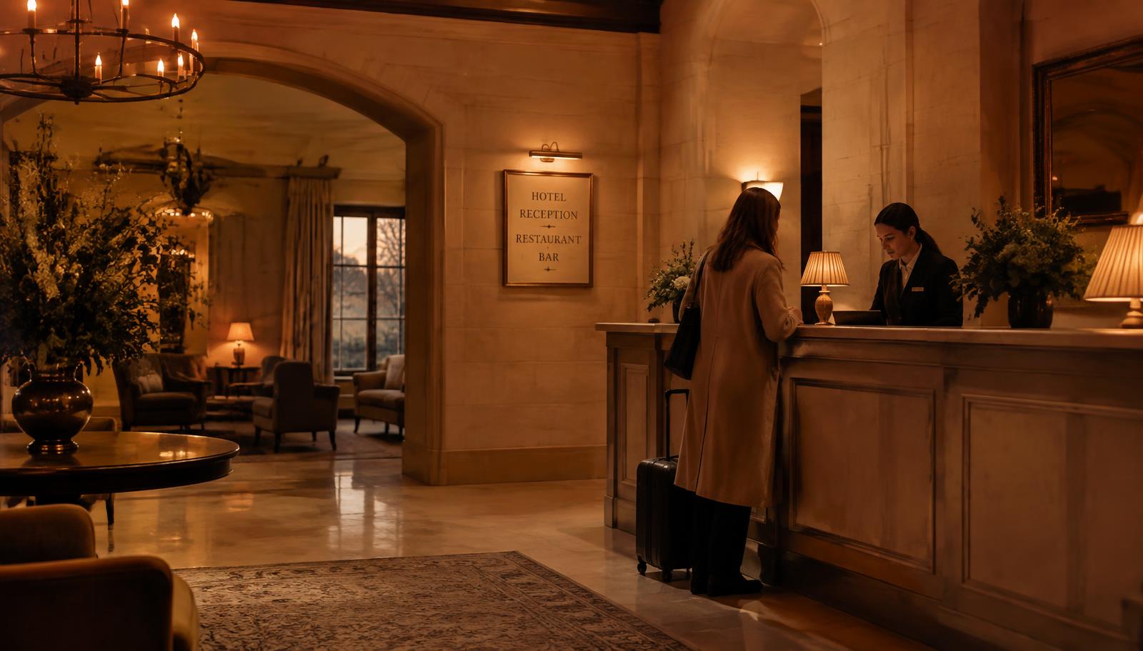 Warmly lit boutique British hotel reception at dusk with a guest checking in Warmly lit boutique British hotel reception at dusk with a guest checking in
