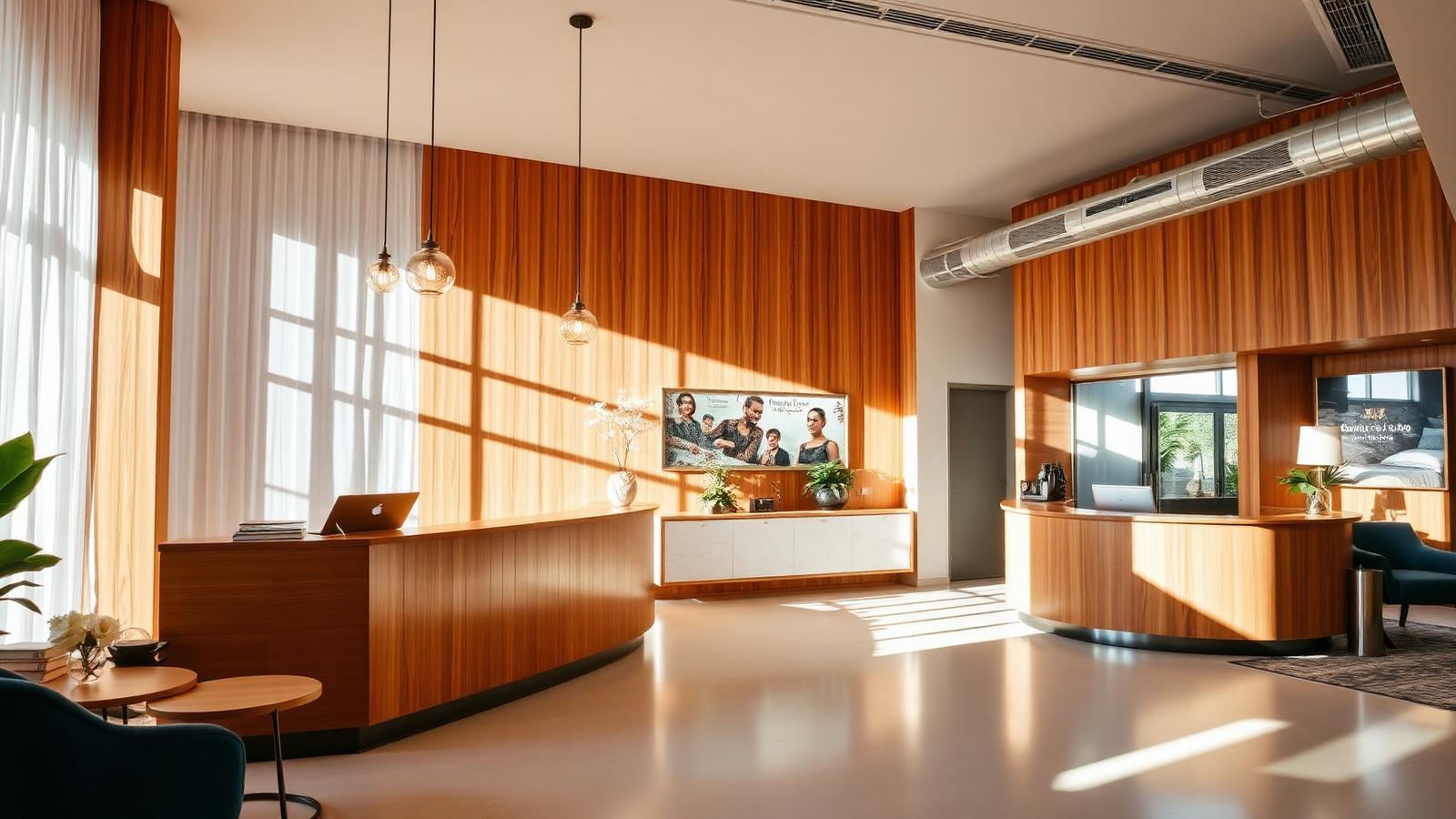 Bright sunlit boutique hotel reception and lobby with warm natural wood accents and a welcoming front desk Bright sunlit boutique hotel reception and lobby with warm natural wood accents and a welcoming front desk