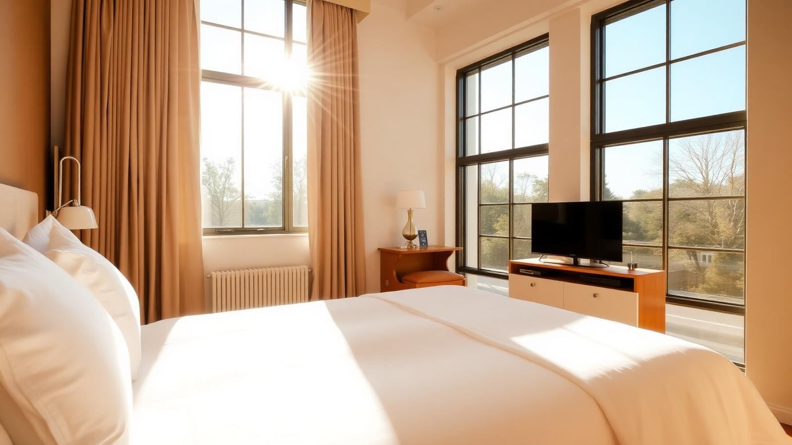 Bright and airy modern boutique hotel bedroom with warm sunlight streaming through large windows and crisp white linens Bright and airy modern boutique hotel bedroom with warm sunlight streaming through large windows and crisp white linens
