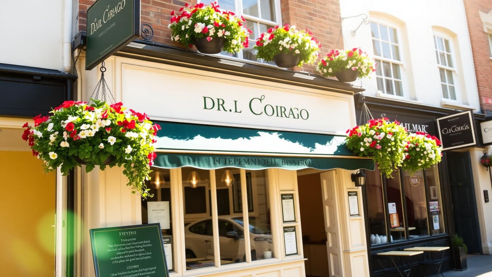 Vibrant sunlit local UK high street with a charming independent bistro storefront and outdoor seating
