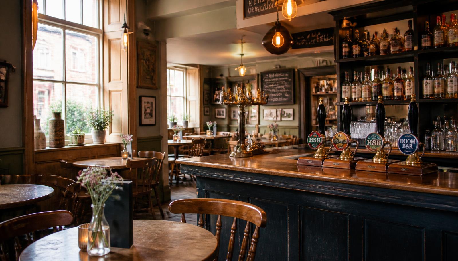 Bright and welcoming interior of an independent British pub with natural light and polished wooden tables