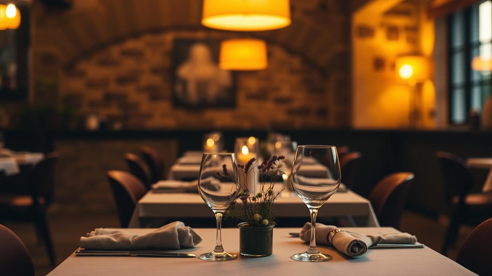 Warmly lit restaurant table set for two with candlelight, wine glasses and linen napkins at dusk