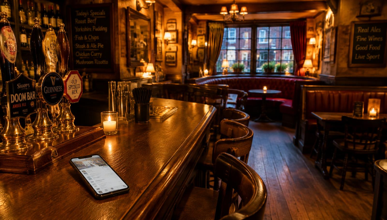 A warmly lit traditional pub bar at early evening with a phone showing a map listing on the counter