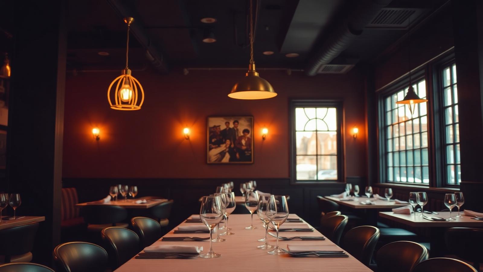 Warm, dimly lit independent restaurant dining room at dusk with brass pendant lights and a long table set with wine glasses and linen