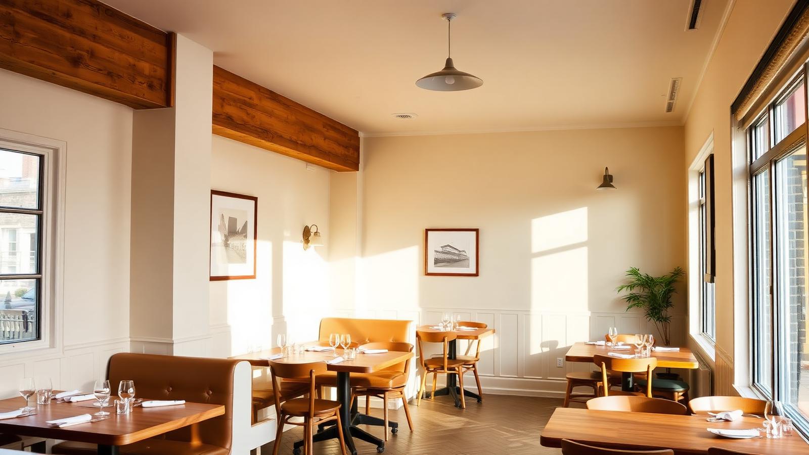 Bright, welcoming independent restaurant dining room with natural daylight and wooden tables set for service Bright, welcoming independent restaurant dining room with natural daylight and wooden tables set for service