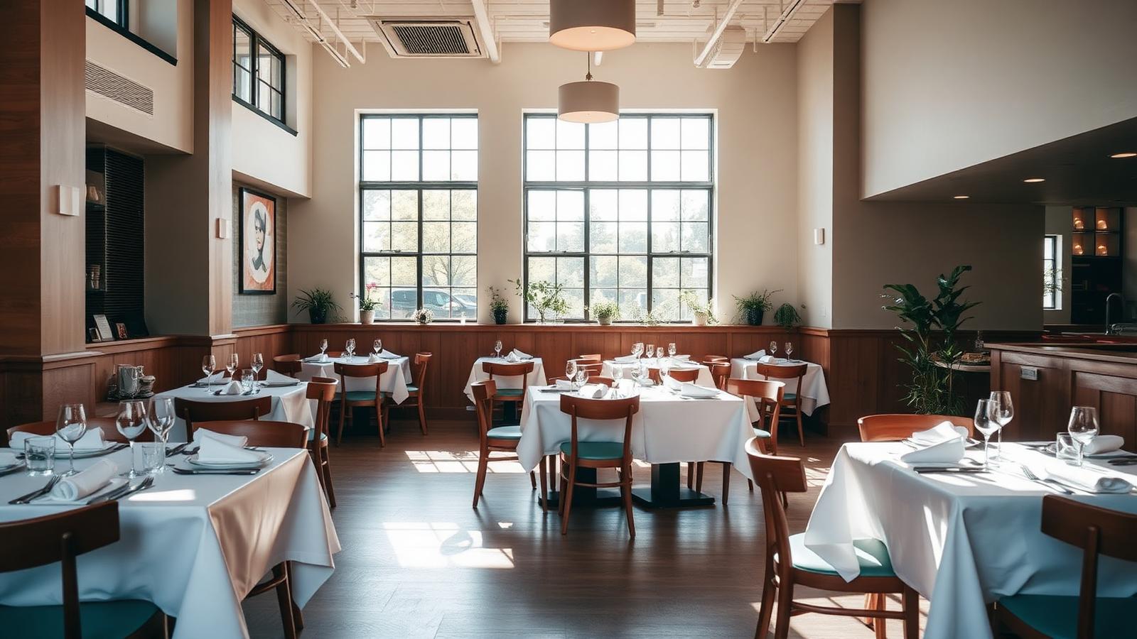 Independent restaurant owner reviewing online orders on a tablet in a naturally lit dining room Independent restaurant owner reviewing online orders on a tablet in a naturally lit dining room