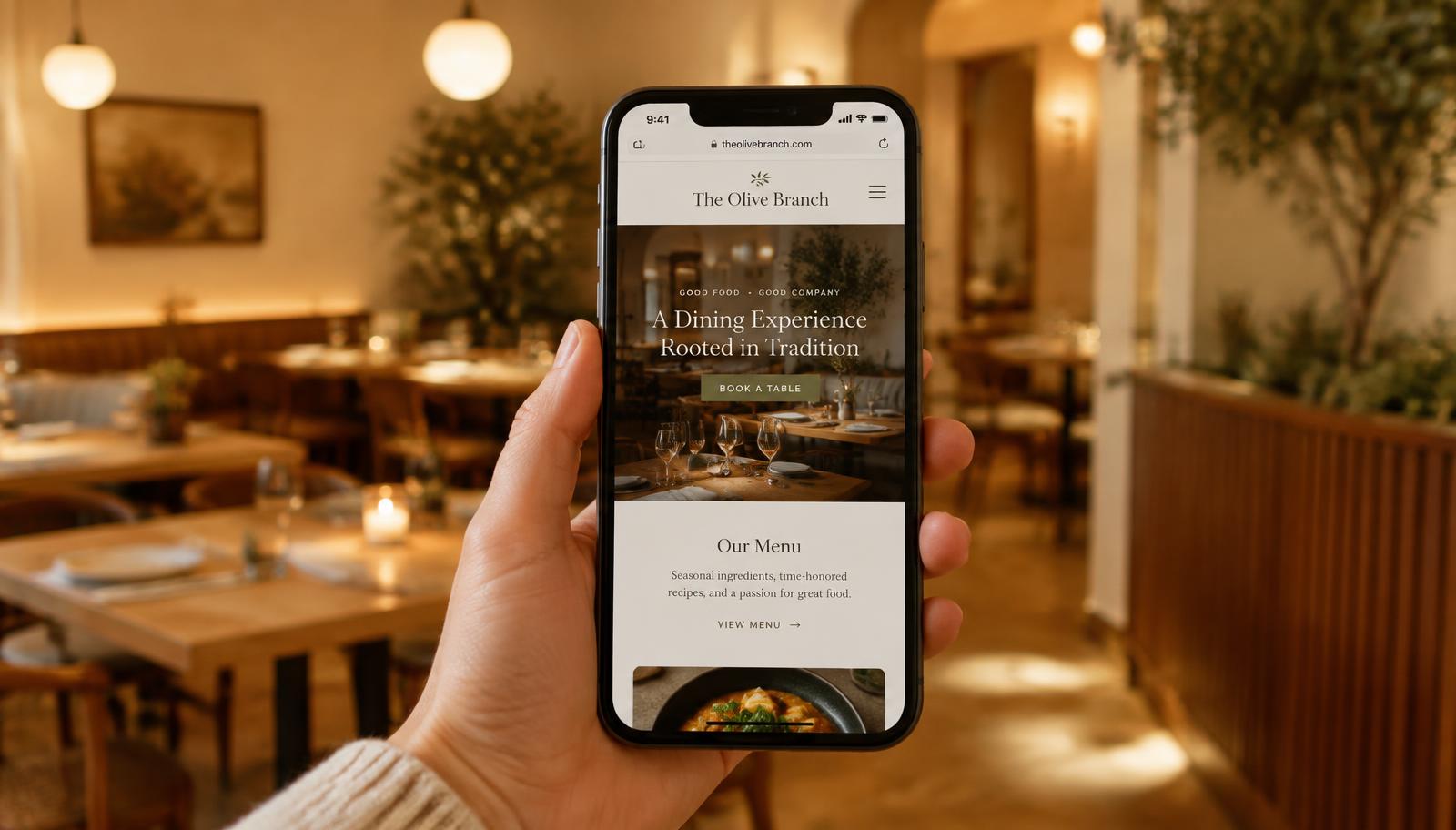Restaurant website shown on a phone in front of a warmly lit dining room Restaurant website shown on a phone in front of a warmly lit dining room