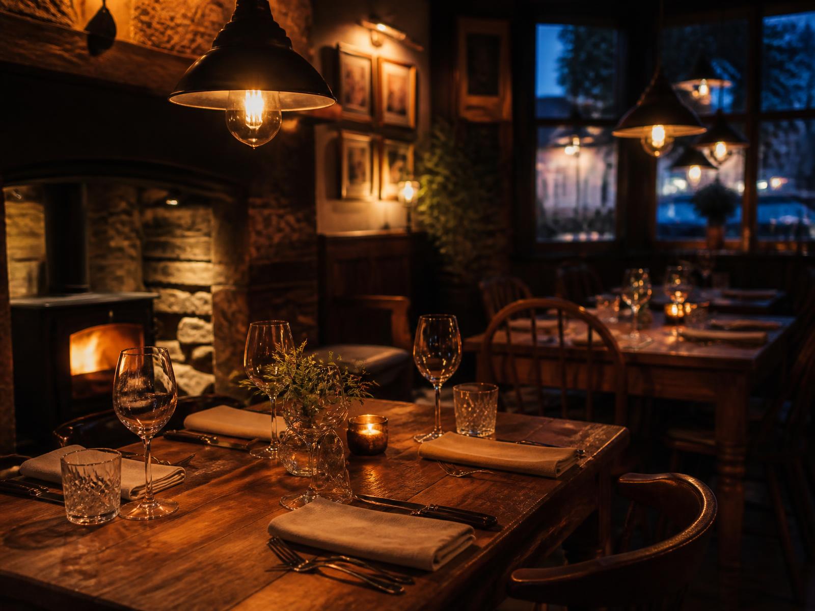 Candlelit table settings and warm pendant lighting inside a traditional British gastropub at dusk