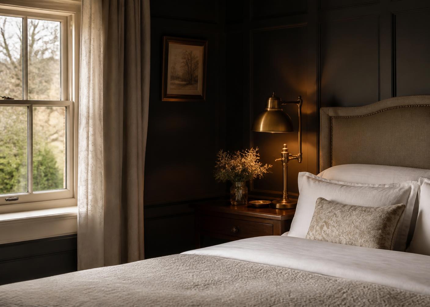 Boutique English country hotel bedroom with cream linens and a glowing brass bedside lamp